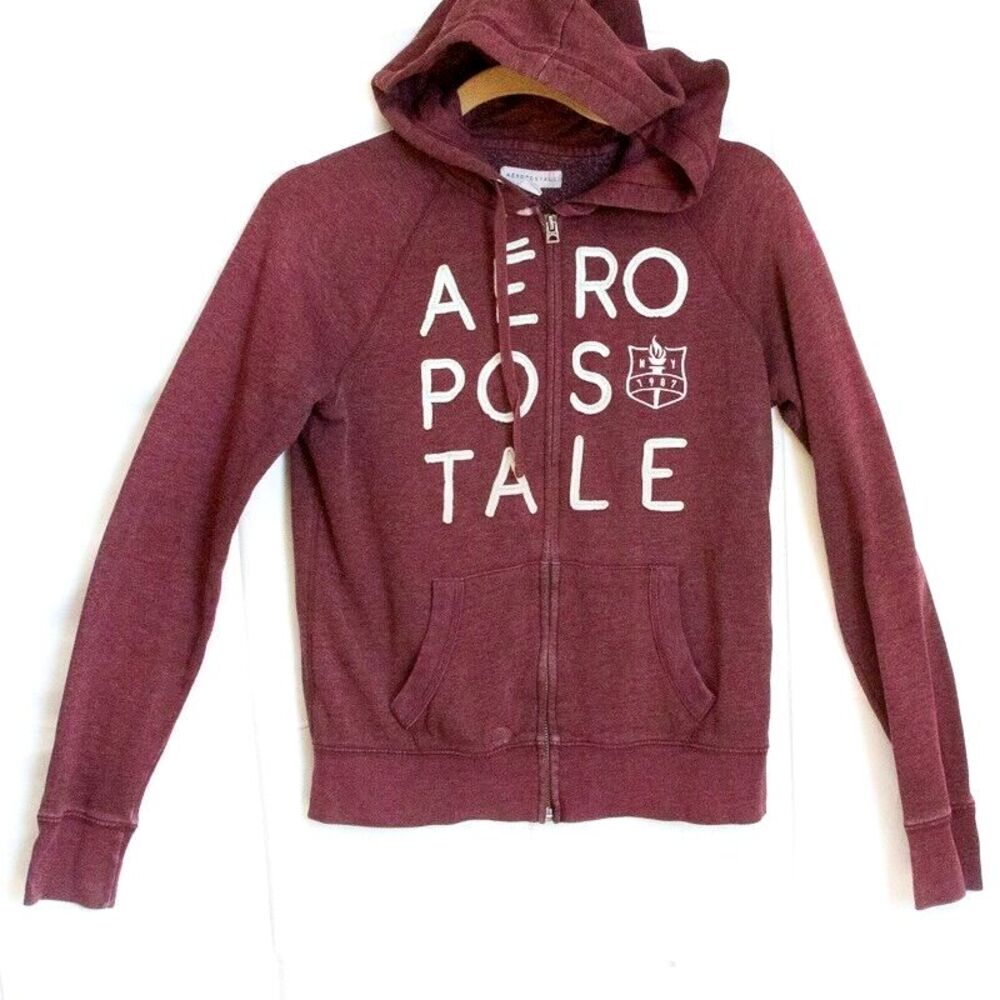 Vgt Y2K Aeropostale Zip Up Hoodie Embroidered 1987 NY Coat Of Arms Kangaroo Sz S
